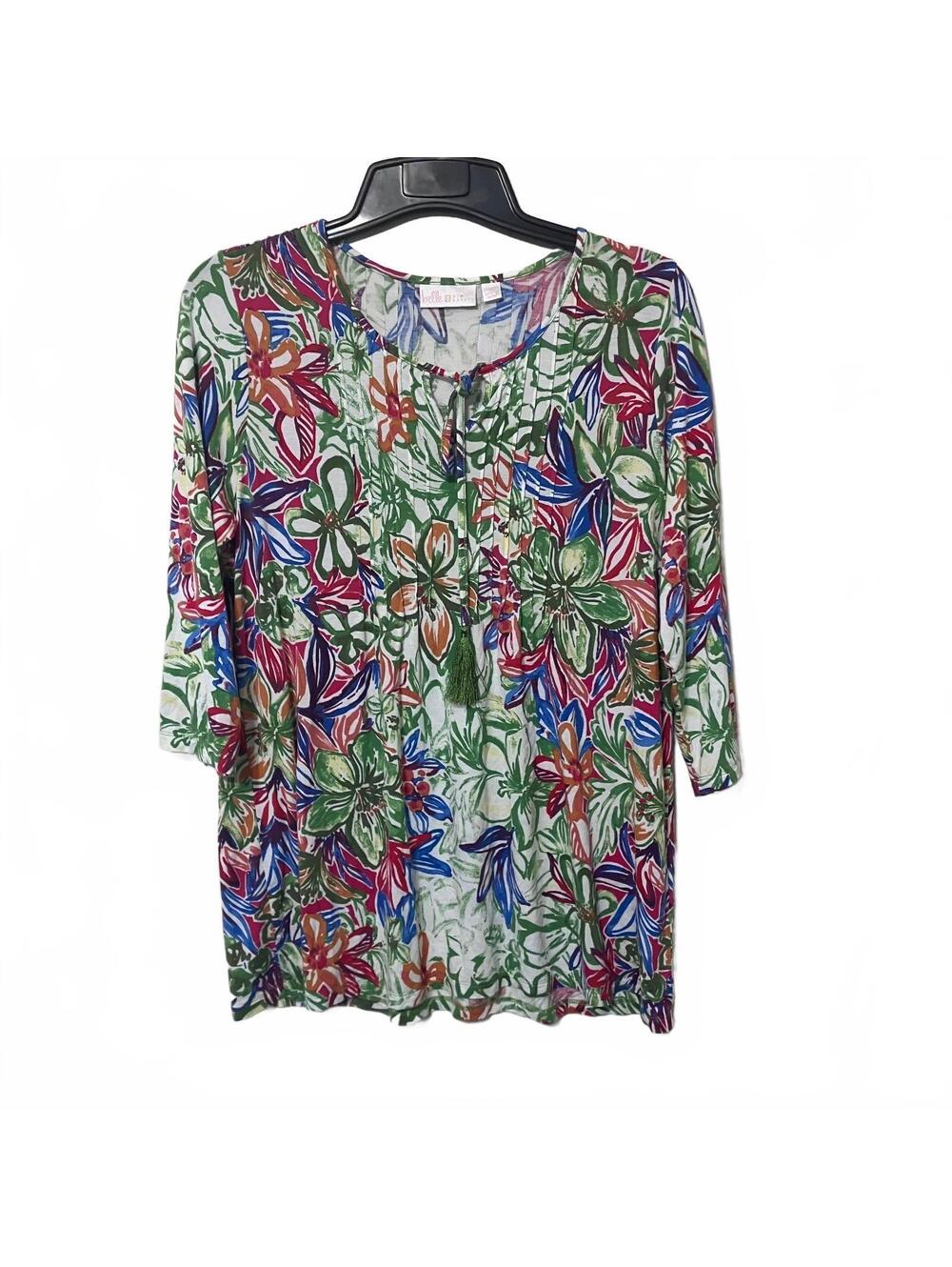 Belle Tropical Resortwear Colorful Artsy Floral 3/4 Sleeve Tunic Women's Medium
